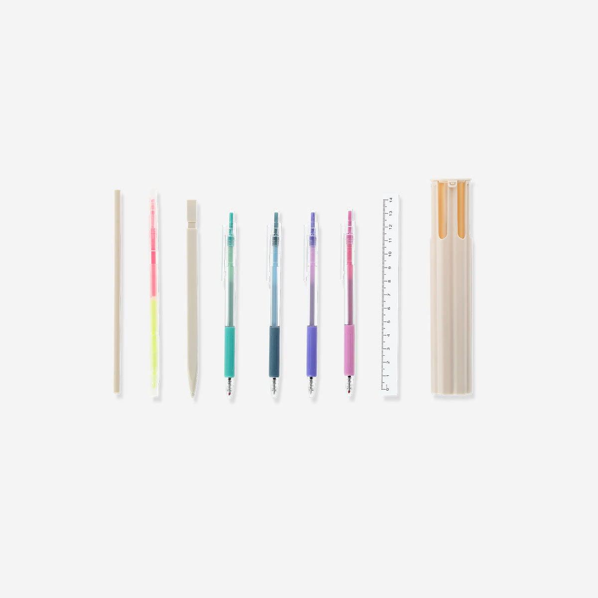 Set of nine Flying Tiger Copenhagen office pens in a box, featuring colorful ink and sleek design for everyday writing tasks.