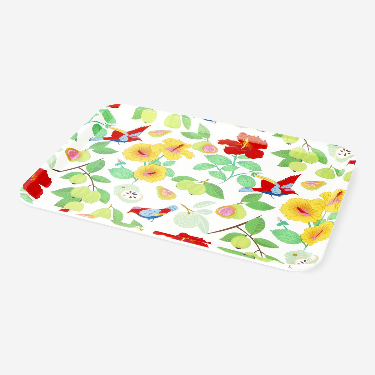 Decorative home tray with vibrant tropical print from Flying Tiger Copenhagen, featuring colorful leaf and floral patterns.