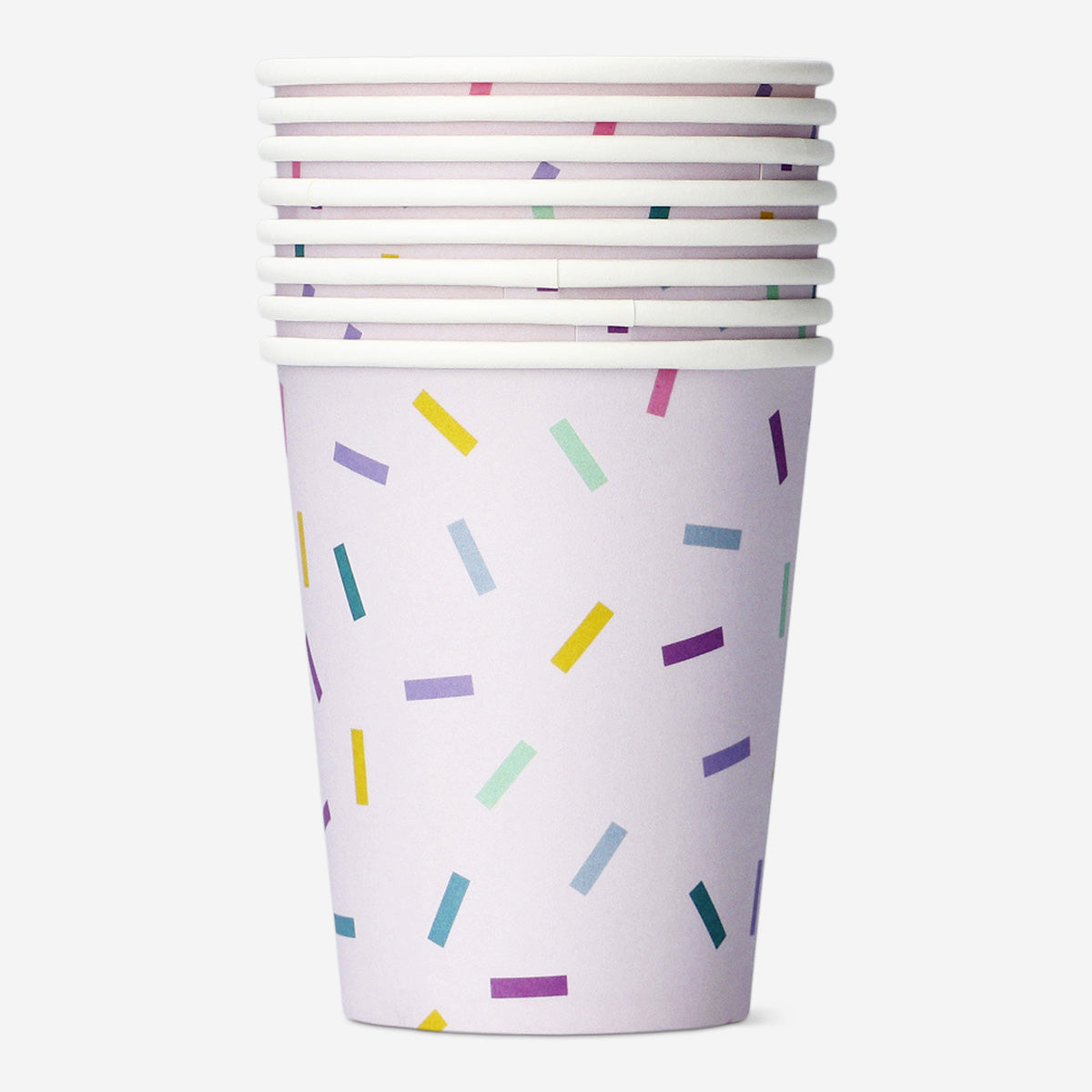 Pink confetti paper cups for parties, set of 8, from Flying Tiger Copenhagen, featuring colorful confetti design on paper cups.