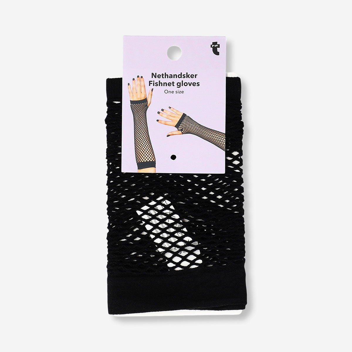 Black fishnet gloves from Flying Tiger Copenhagen, one size, showcasing lightweight, stretchable textile with open mesh design.