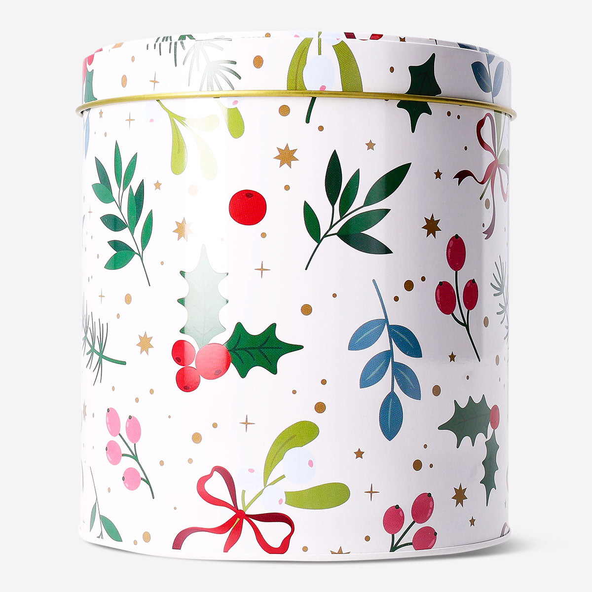 Round Christmas print cake tin from Flying Tiger Copenhagen, tall kitchen bakeware for festive baking.