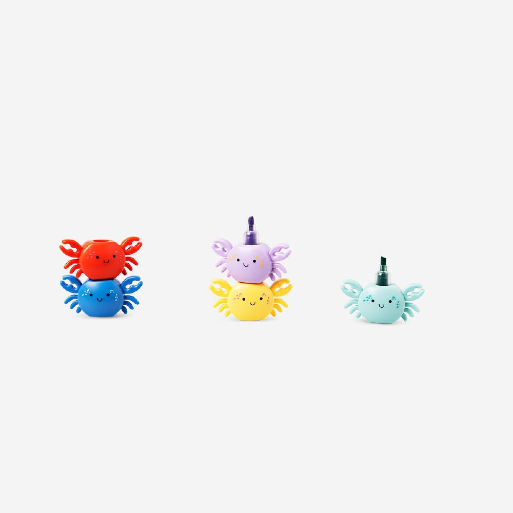 Set of four Flying Tiger Copenhagen stackable crab highlighters for office use, featuring colorful crab designs and ergonomic tips.