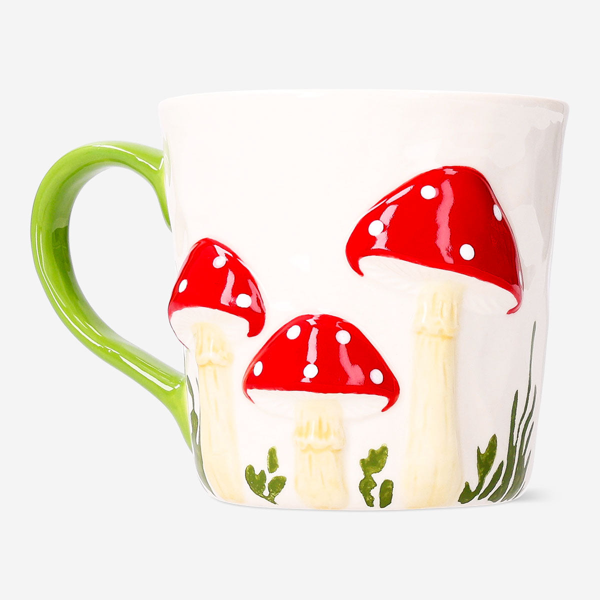 Cream-colored Flying Tiger Copenhagen mug with embossed mushroom design, 450 ml capacity, ideal for kitchen use.
