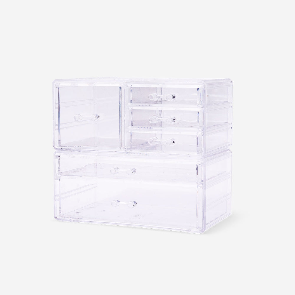 Clear cosmetic organiser from Flying Tiger Copenhagen with compartments, measuring 21.5x24 cm for personal care storage.