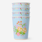 Set of four reusable floral party cups by Flying Tiger Copenhagen, colorful and eco-friendly for gatherings and celebrations.