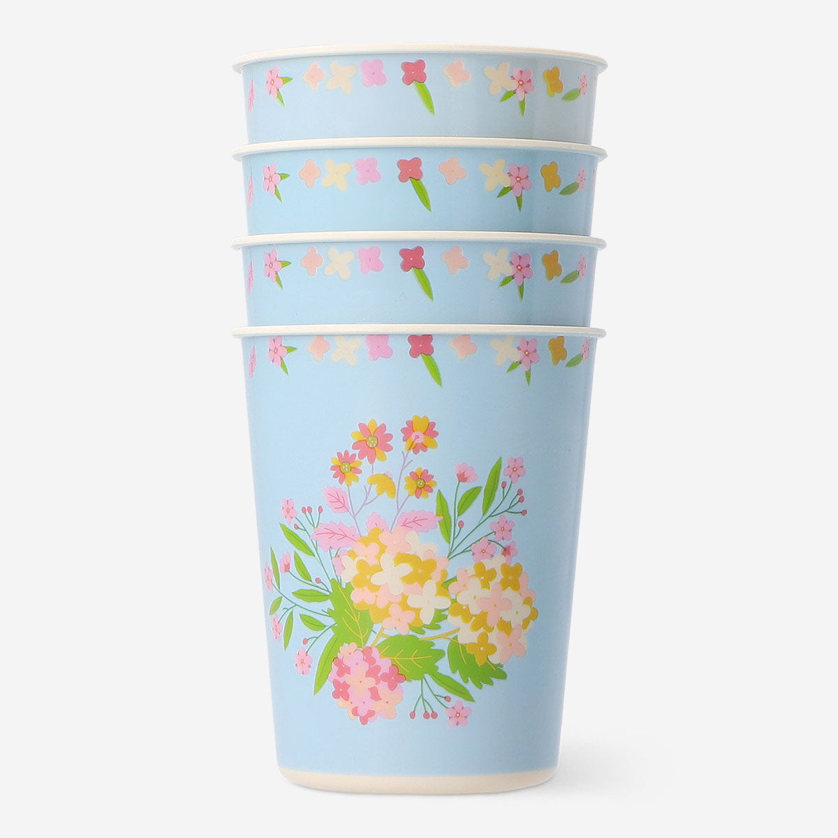 Set of four reusable floral party cups by Flying Tiger Copenhagen, colorful and eco-friendly for gatherings and celebrations.