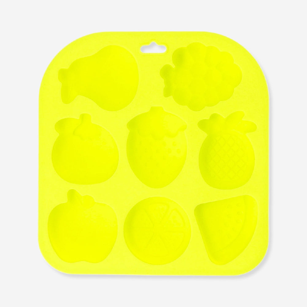 Flying Tiger Copenhagen ice cube tray with mixed fruit-shaped molds for fun, colorful frozen fruit ice cubes in the kitchen.