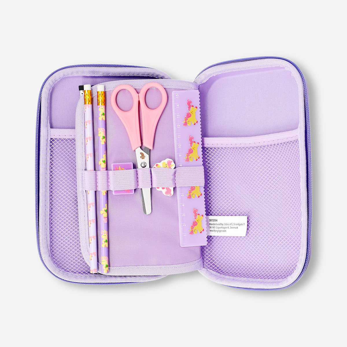 Flying Tiger Copenhagen unicorn pencil case filled with pens and stationery, colorful office storage for kids and teens.