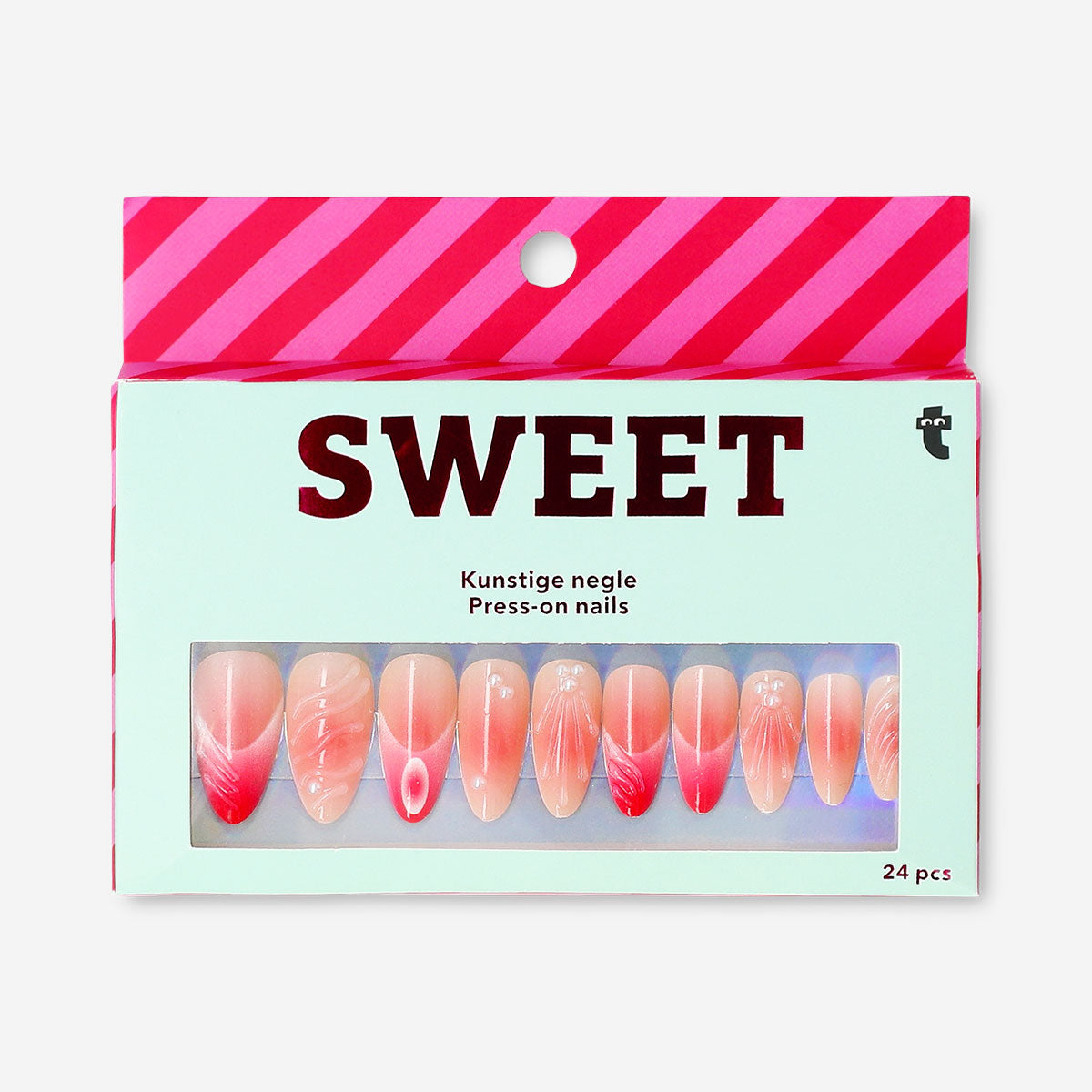 Pink press-on nails with pearl accents, designed for personal care, by Flying Tiger Copenhagen.
