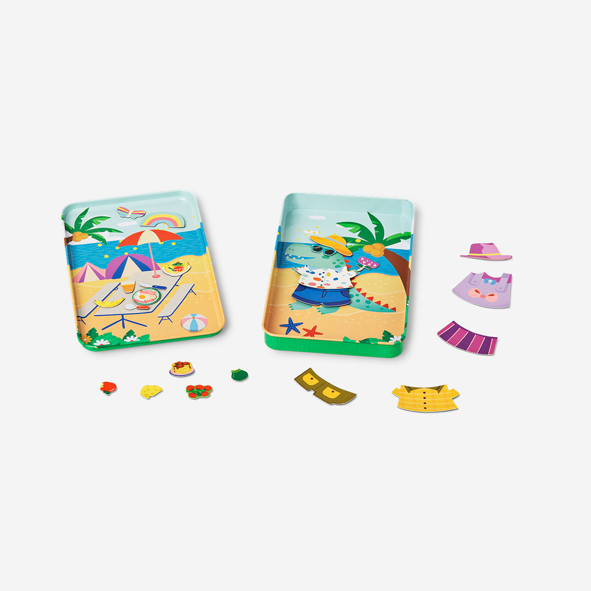 Magnetic dress-up game book by Flying Tiger Copenhagen with colorful magnetic outfits and accessories on a white background.