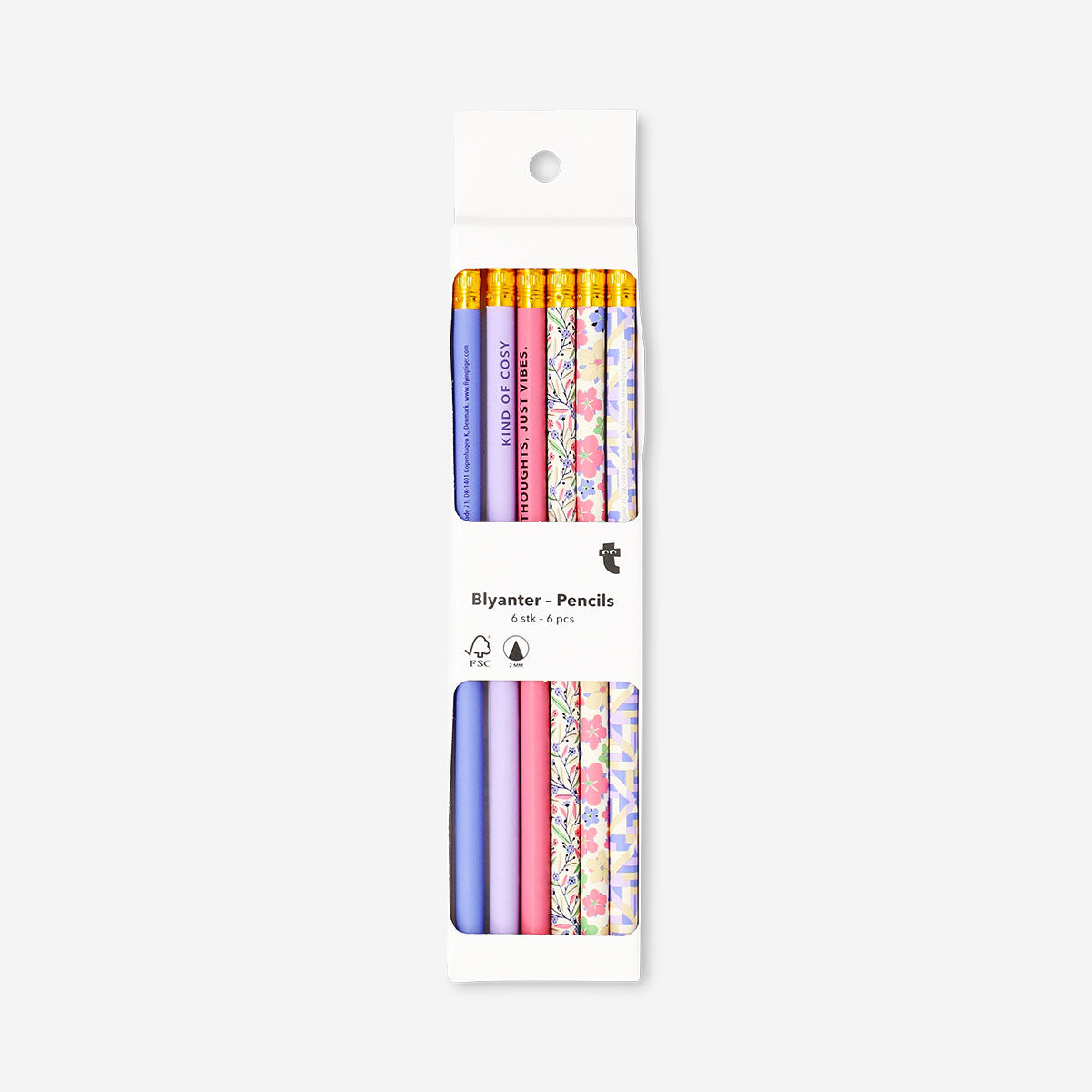 Set of six Flying Tiger Copenhagen office pencils with colorful printed designs on wooden bodies.