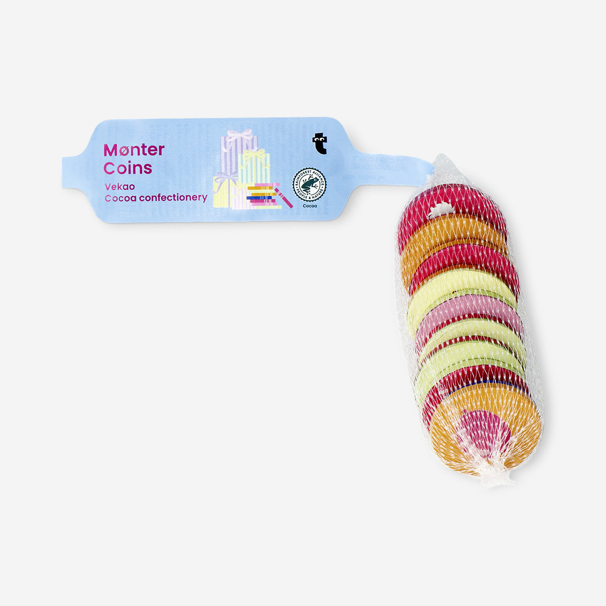 Flying Tiger Copenhagen birthday themed chocolate coins in a net, colorful festive candy treats for celebrations