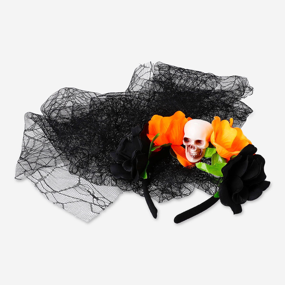 Adult costume hairband with skull and veil for party, featuring black fabric and decorative skull design by Flying Tiger Copenhagen.