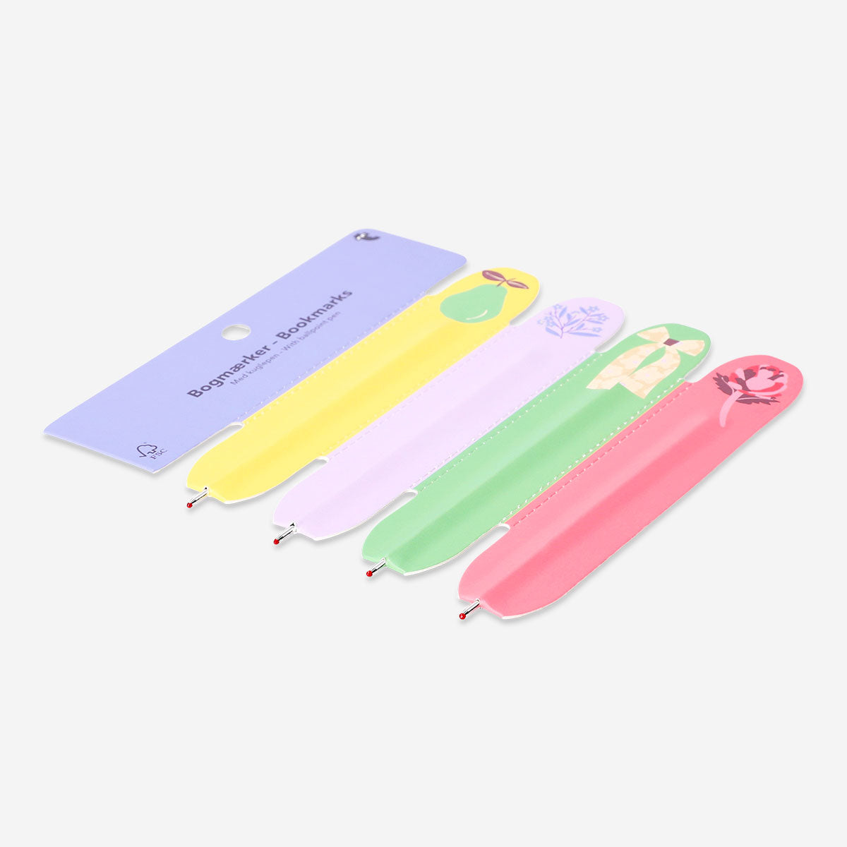 Set of four office bookmarks with attached ballpoint pens by Flying Tiger Copenhagen, ideal for marking pages and writing notes.