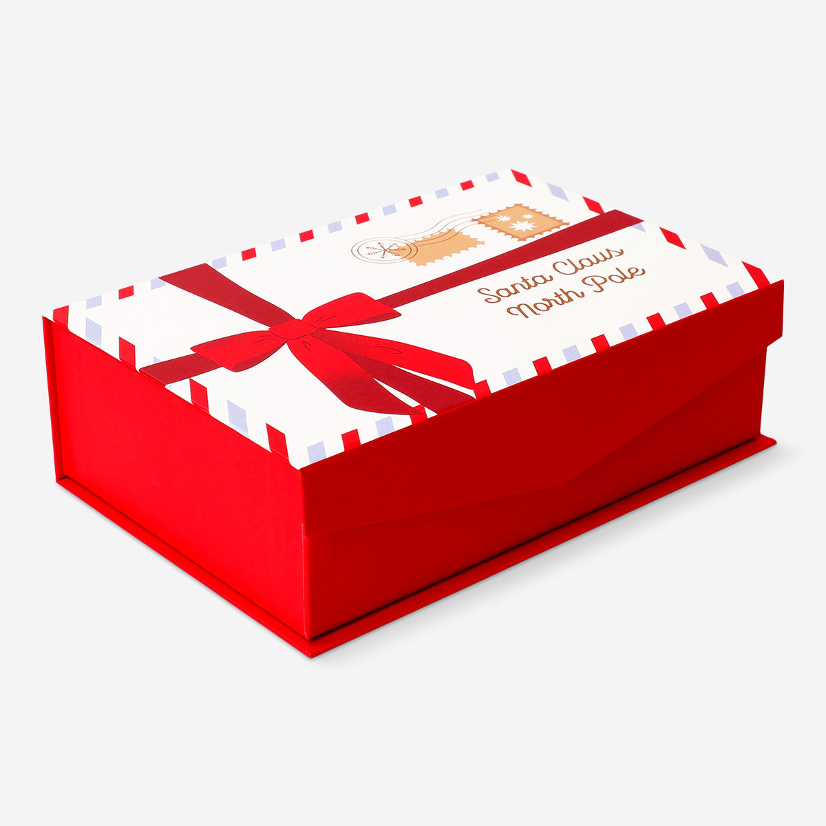 Office gift box labeled "Letter to Santa" from Flying Tiger Copenhagen, 14x20 cm, with festive design and paper contents inside.