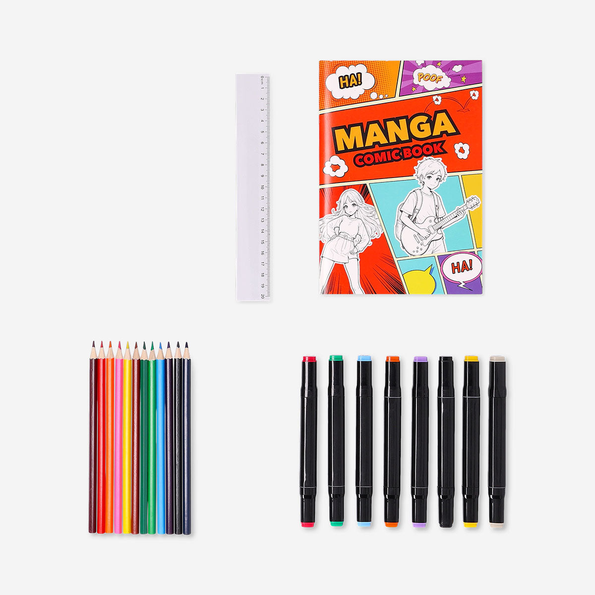 Manga drawing kit from Flying Tiger Copenhagen with pens, markers, and sketch paper for hobby artists.