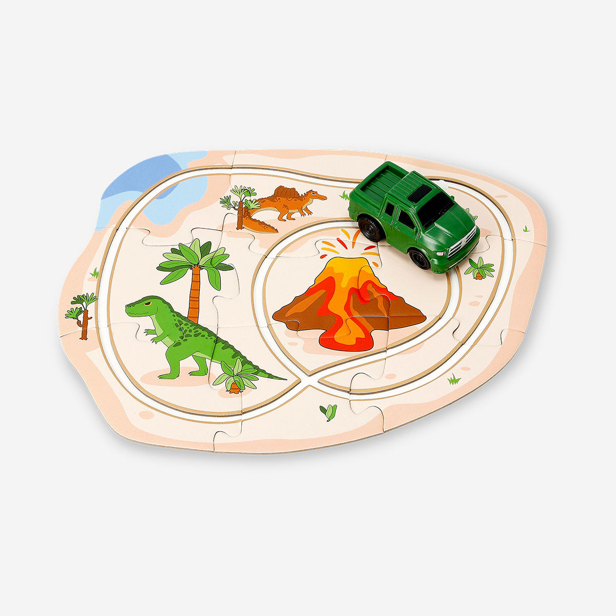 Wooden road puzzle toy with a wind-up car from Flying Tiger Copenhagen, featuring colorful road pieces and a small wind-up vehicle.