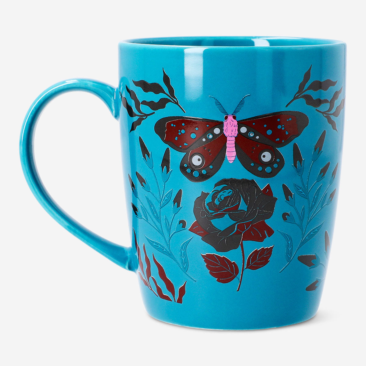 Blue gothic print ceramic mug from Flying Tiger Copenhagen, 340 ml kitchen drinkware with intricate gothic design.