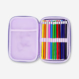 Flying Tiger Copenhagen unicorn pencil case with colorful pens and stationery inside, ideal for office and school use.