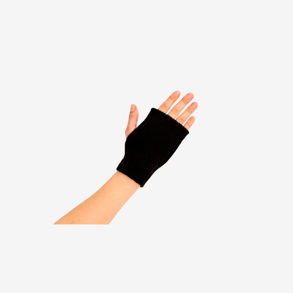 Black textile fingerless gloves from Flying Tiger Copenhagen, one size fits most, shown laid flat with open fingers.