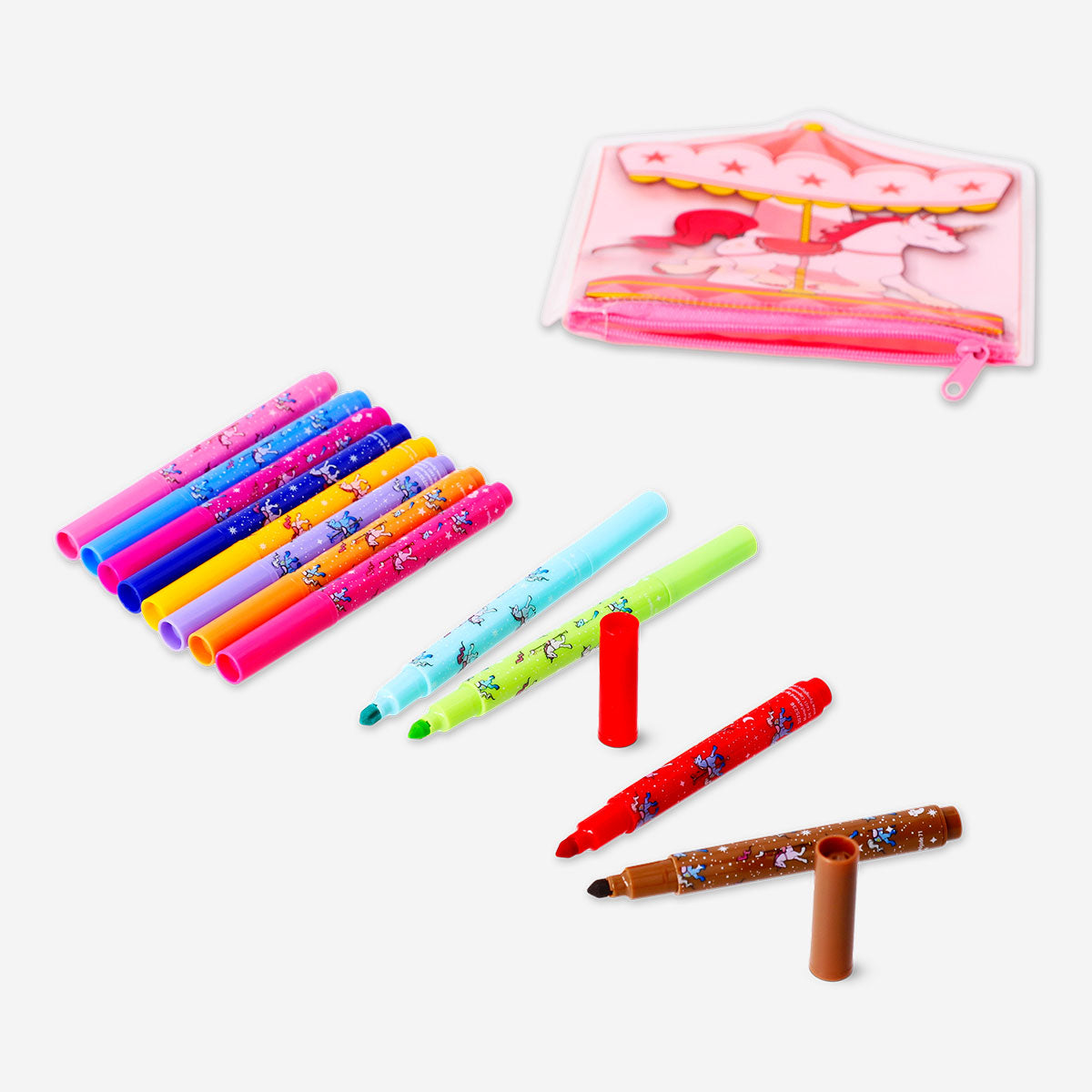 Set of 12 Flying Tiger Copenhagen office markers in a colorful unicorn case, perfect for creative and organizational use.