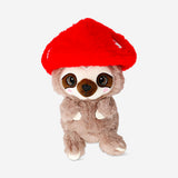 Soft plush sloth toy from Flying Tiger Copenhagen wearing a cute mushroom hat, perfect for cuddling and display.