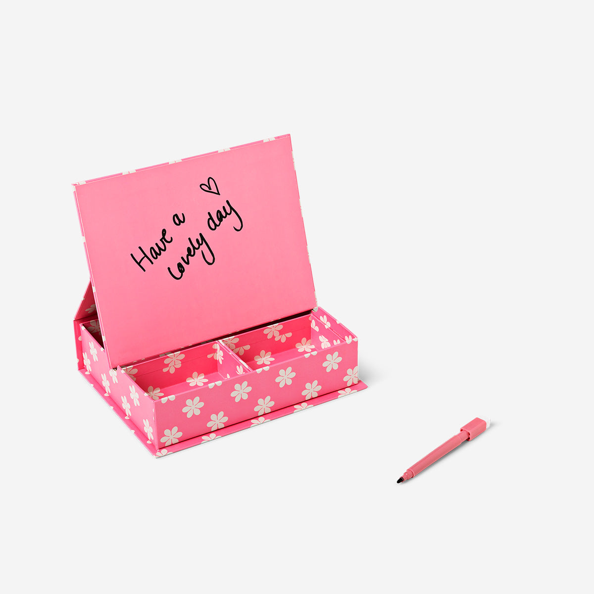 Pink floral desk tidy with planner board and marker