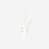 White glowing paper star for home decor by Flying Tiger Copenhagen, illuminated and hanging against a neutral background.