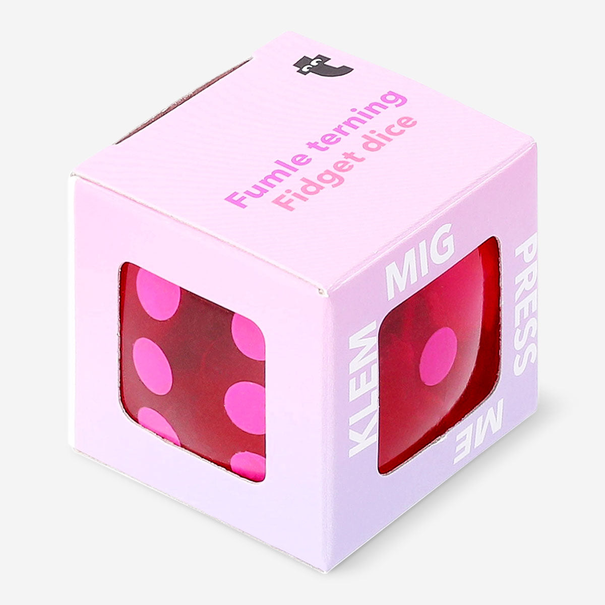 Pink Flying Tiger Copenhagen fidget dice gadget with multiple sides for spinning and flipping, designed for stress relief and focus.