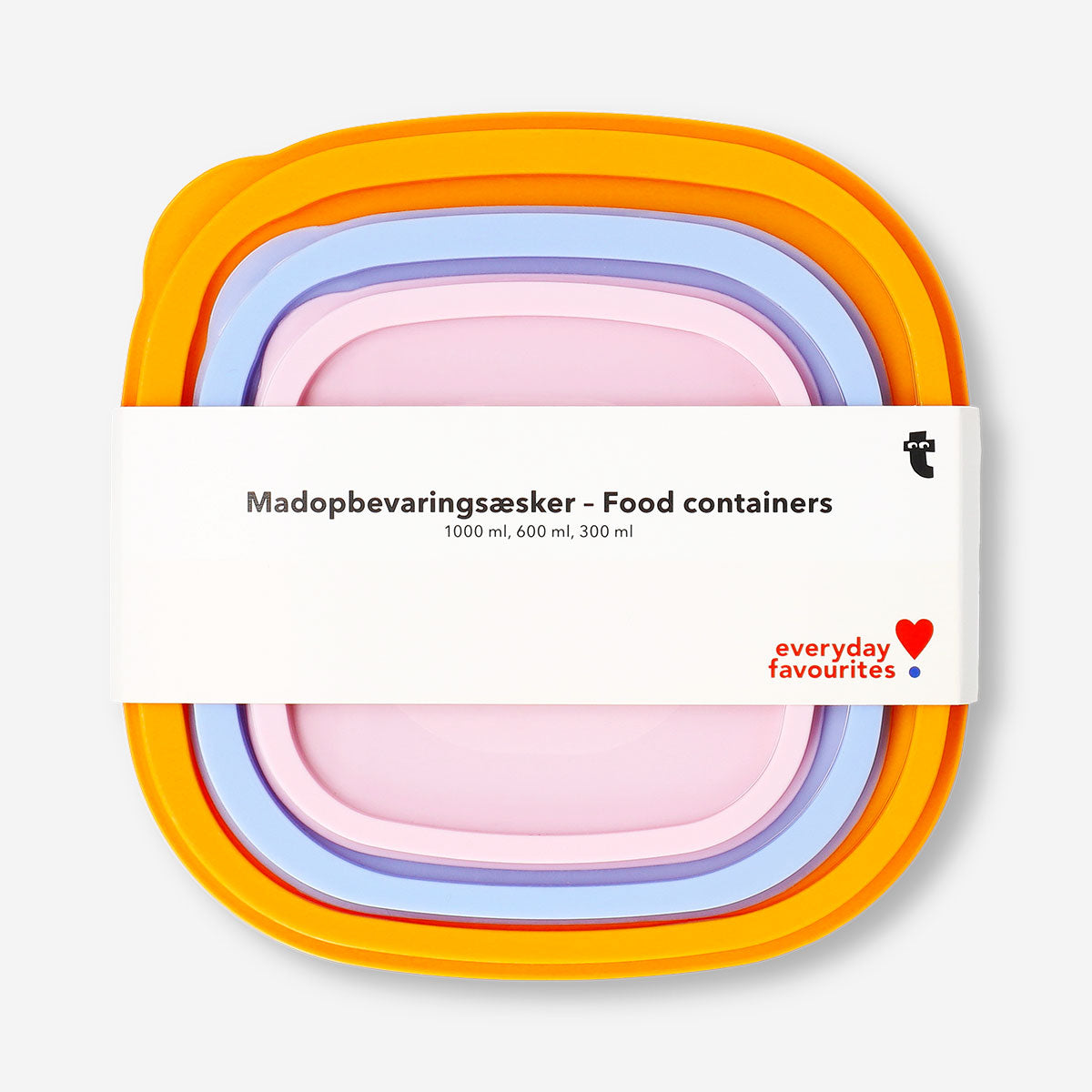 Set of three Flying Tiger Copenhagen kitchen food containers with clear lids, ideal for storing leftovers and meal prep.