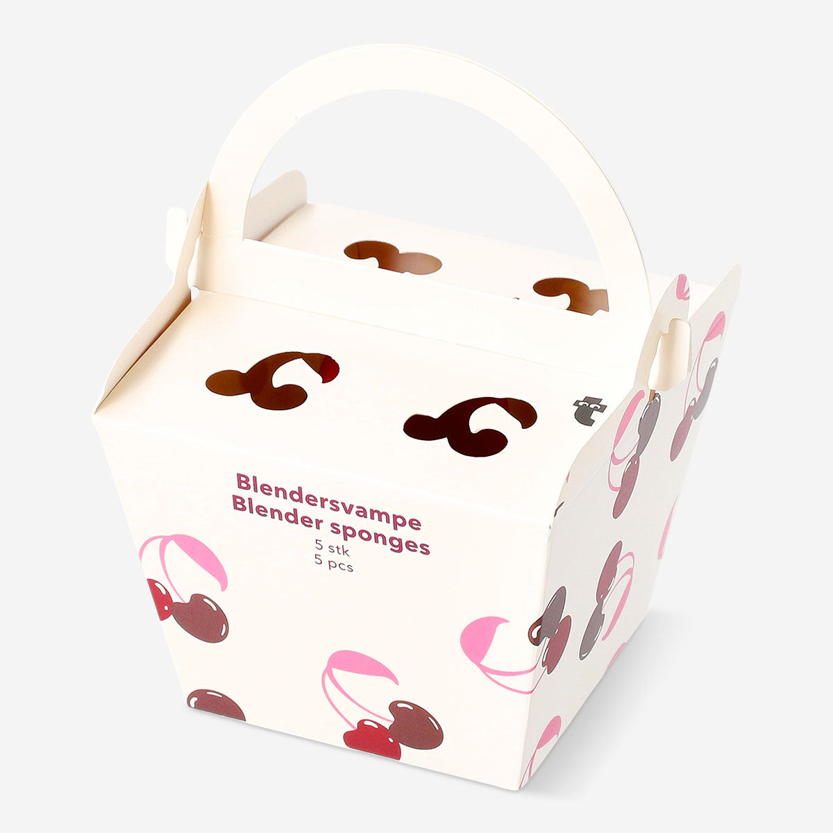 Set of three makeup blender sponges in a cherry box from Flying Tiger Copenhagen, ideal for flawless foundation application.