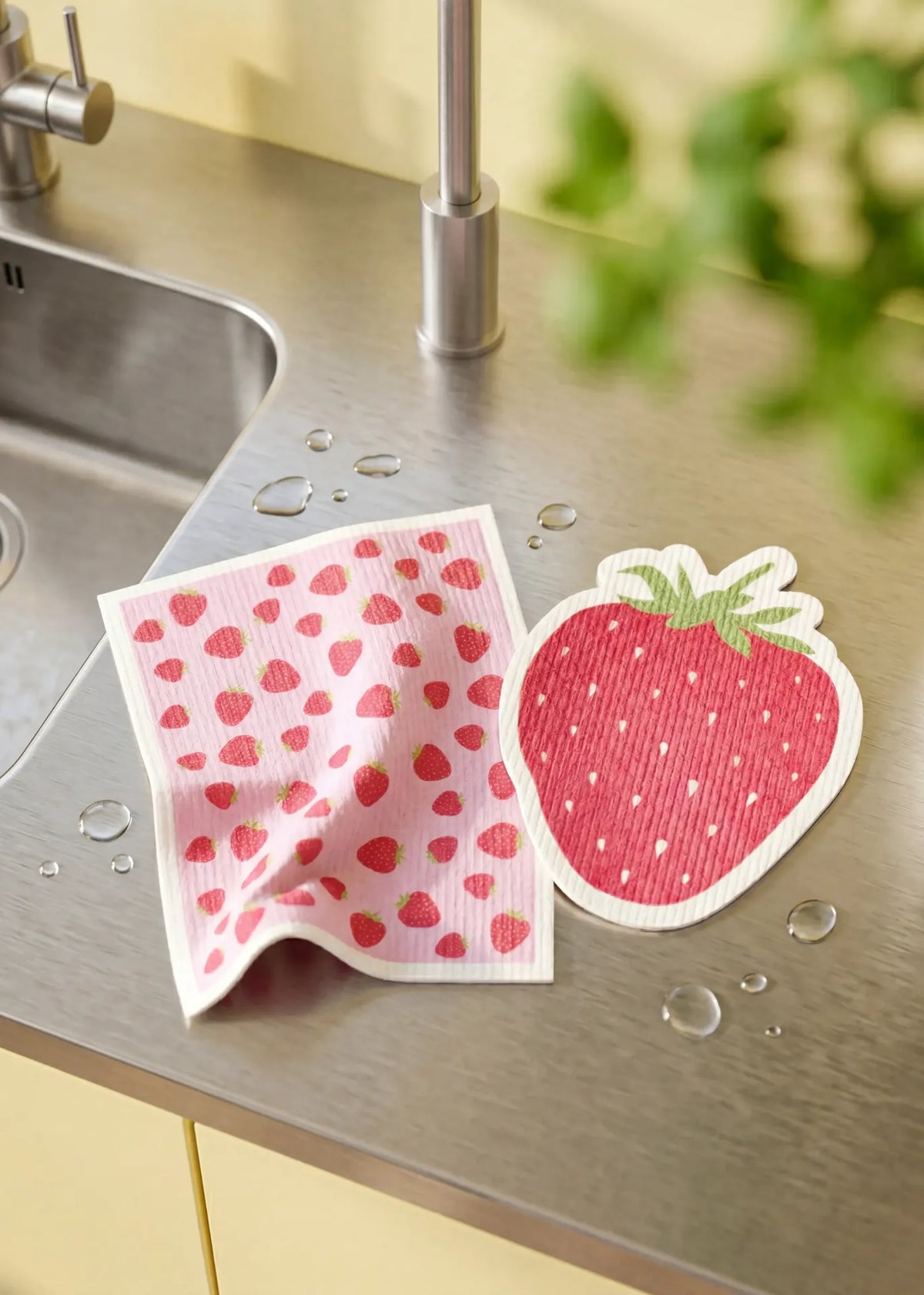 Two strawberry-patterned kitchen cloths from Flying Tiger Copenhagen, soft and absorbent for cleaning and kitchen use.