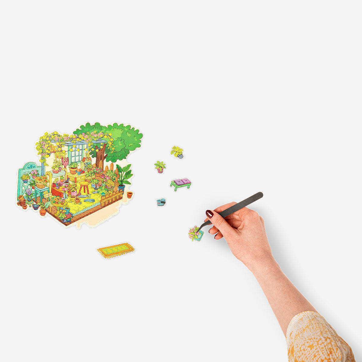 3D flower garden sticker scene from Flying Tiger Copenhagen, featuring colorful floral and garden elements for hobbies and crafts.