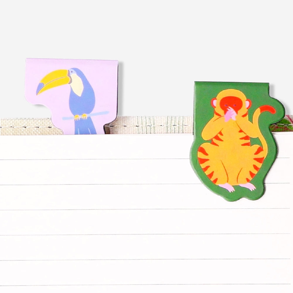 Set of four jungle-themed magnetic bookmarks featuring colorful animal and plant designs from Flying Tiger Copenhagen.