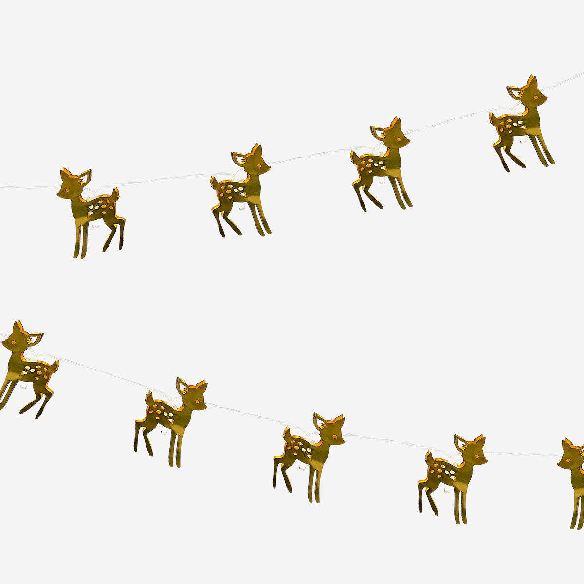 Gold reindeer string lights for home decor, featuring festive reindeer shapes illuminated with warm LED lights.