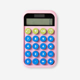 Pink solar-powered office calculator by Flying Tiger Copenhagen with digital display and functional buttons.