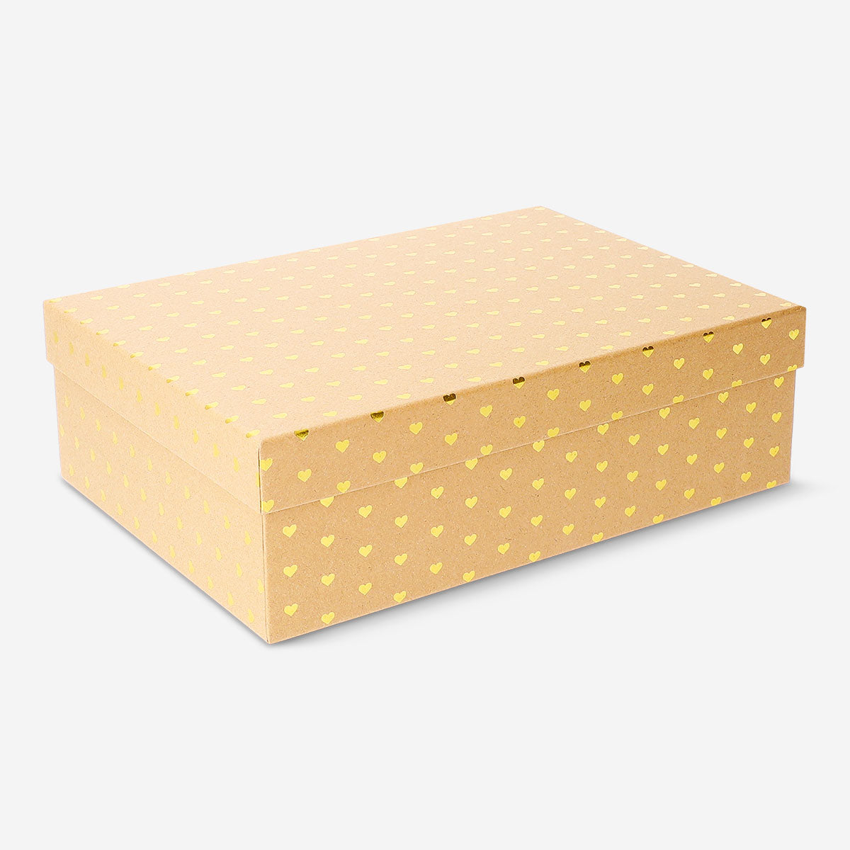 Brown office gift box with gold heart designs, measuring 28x20x9 cm, by Flying Tiger Copenhagen.