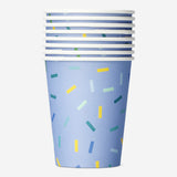 Blue confetti paper cups for parties, set of 8, by Flying Tiger Copenhagen, featuring colorful confetti design on sturdy paper.