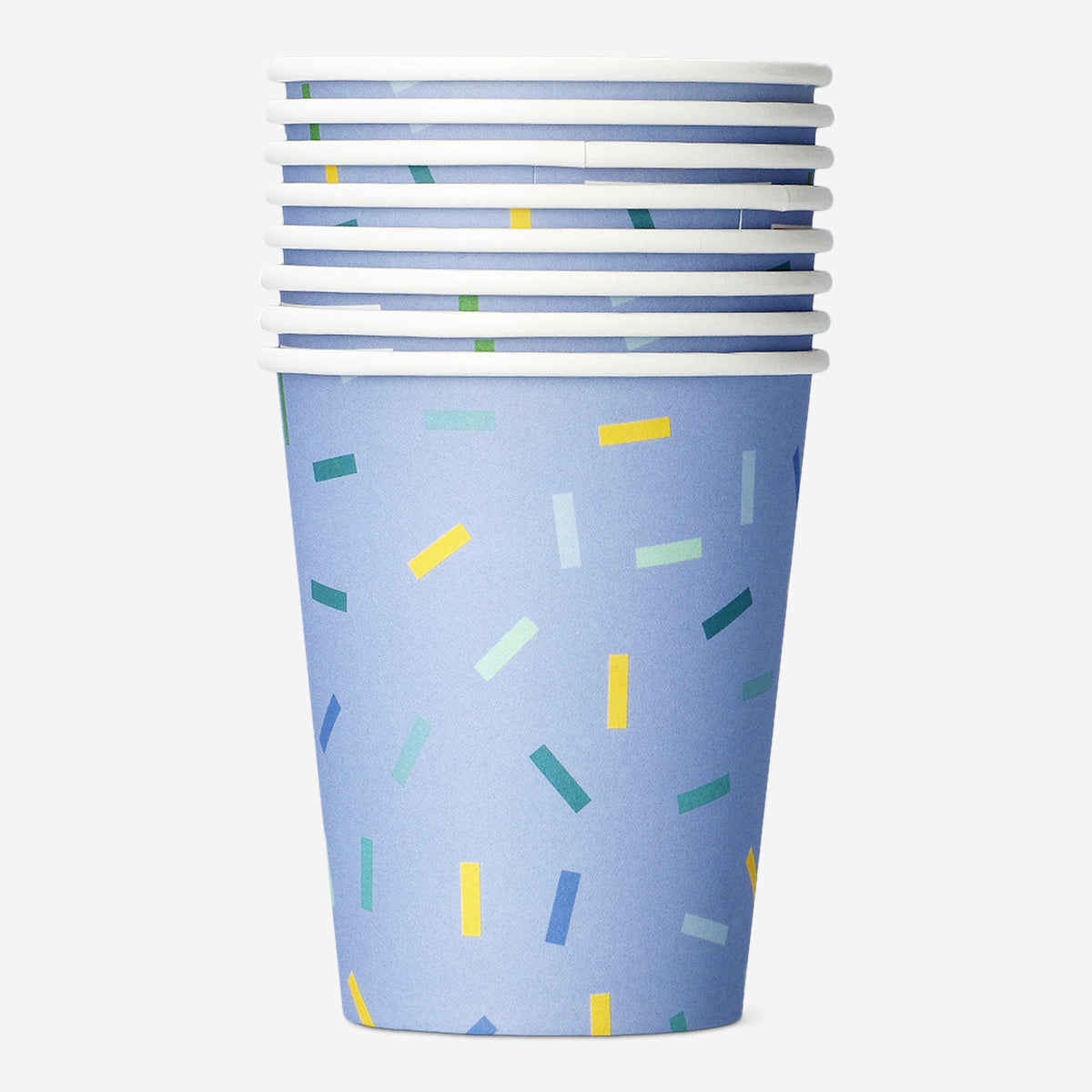 Blue confetti paper cups for parties, set of 8, by Flying Tiger Copenhagen, featuring colorful confetti design on sturdy paper.