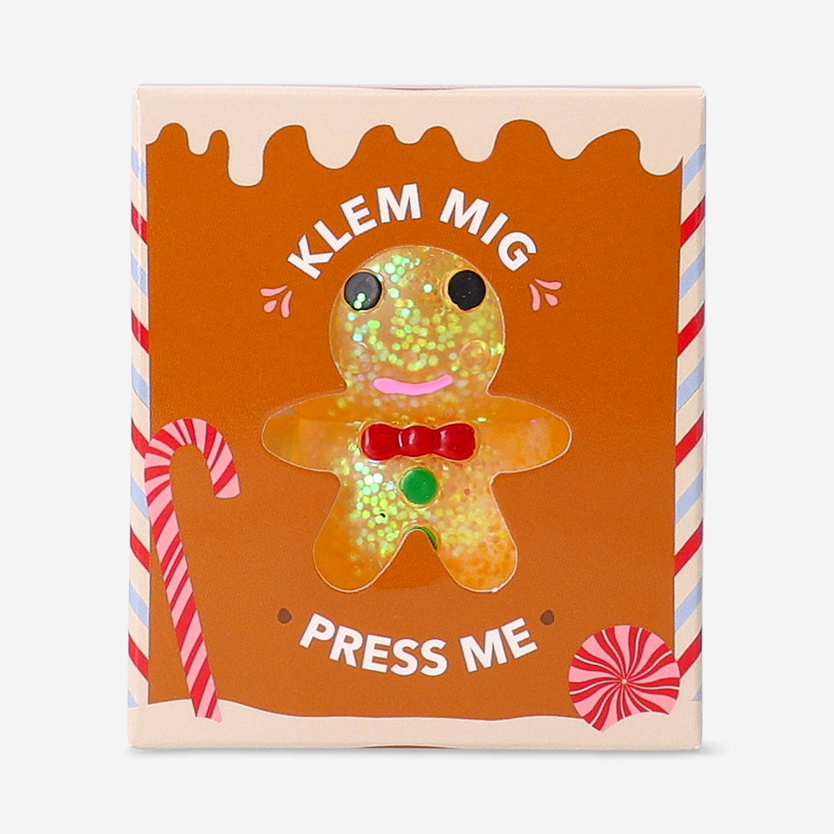 Flying Tiger Copenhagen Press Me Toy Gingerbread Man gadget with a cheerful gingerbread figure and playful design.