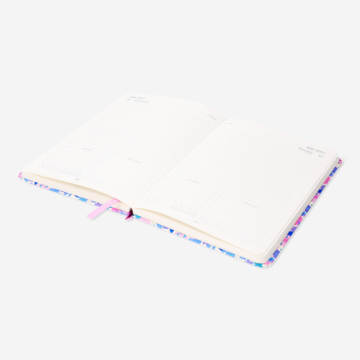 A5 floral daily diary 2027 by Flying Tiger Copenhagen, open to pages with floral designs and daily planning sections.