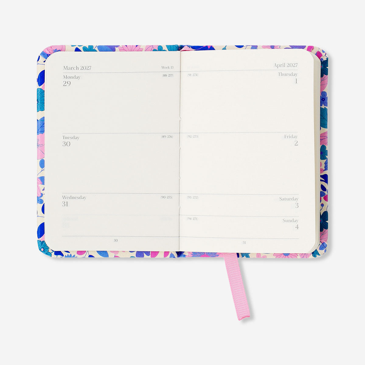 Flying Tiger Copenhagen floral weekly diary 2027 for office use, featuring colorful floral cover design and weekly planning pages.