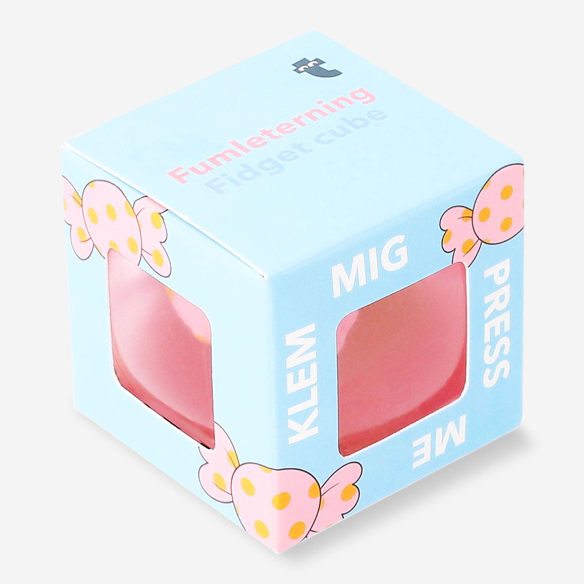 Pink hard candy Fidget cube by Flying Tiger Copenhagen showing a small, colorful gadget with multiple tactile buttons and switches.