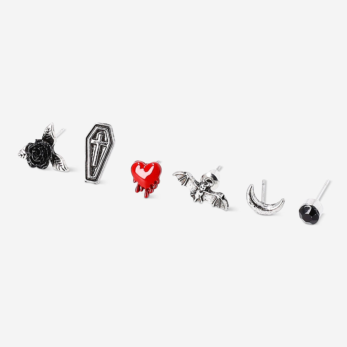Set of six Gothic textile stud earrings with intricate designs, perfect for gothic fashion accessories.