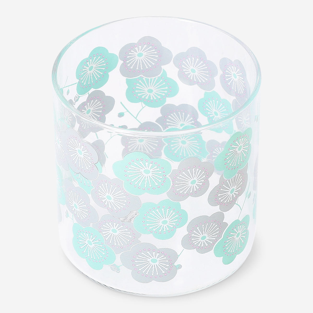 Flying Tiger Copenhagen 350ml glass with cherry blossom print, kitchen drinking glass featuring colorful floral design.