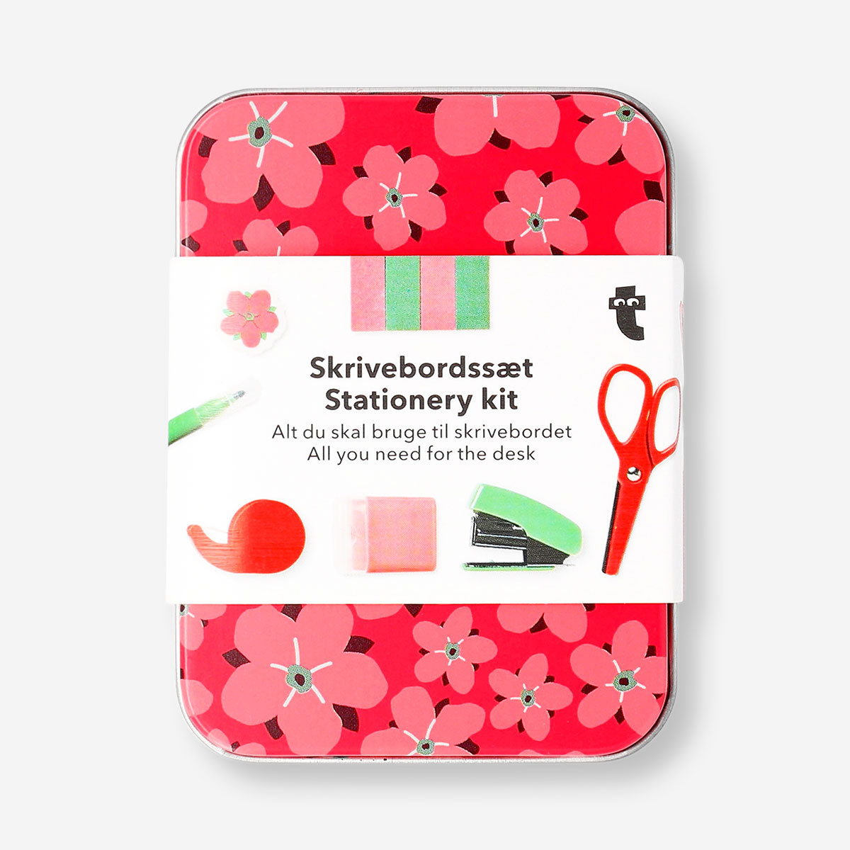 Red floral box stationery kit with pens, pencils, and office supplies from Flying Tiger Copenhagen.