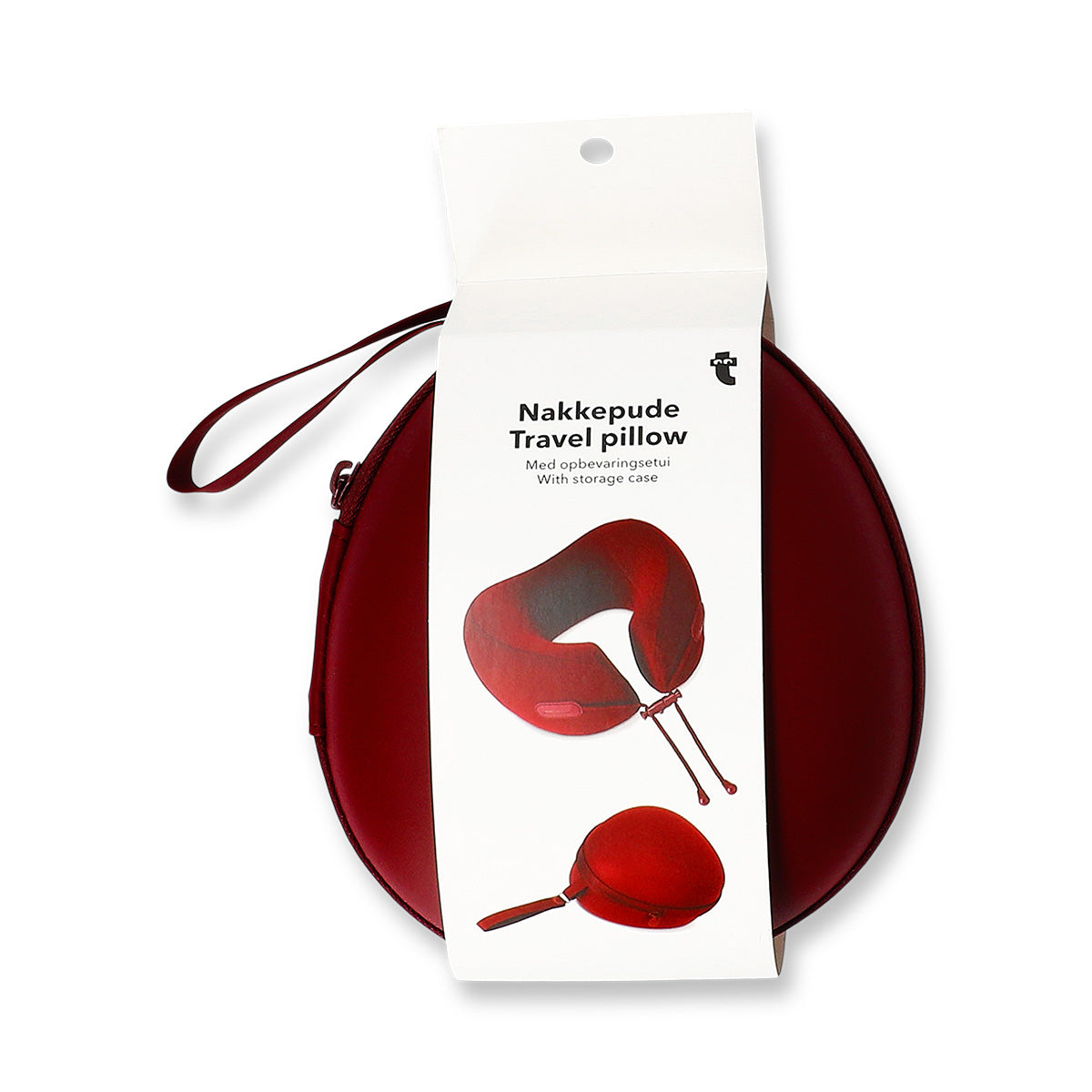 Flying Tiger Copenhagen memory foam travel pillow with storage case, showing the ergonomic shape and soft fabric cover.