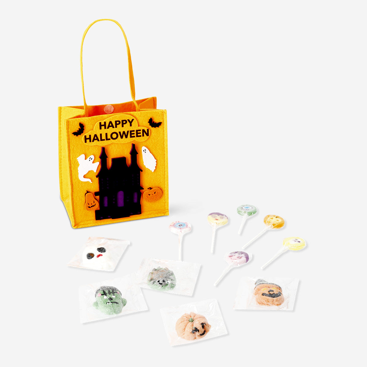 Flying Tiger Copenhagen trick and treat felt bag filled with colorful candies for Halloween, featuring a festive design.
