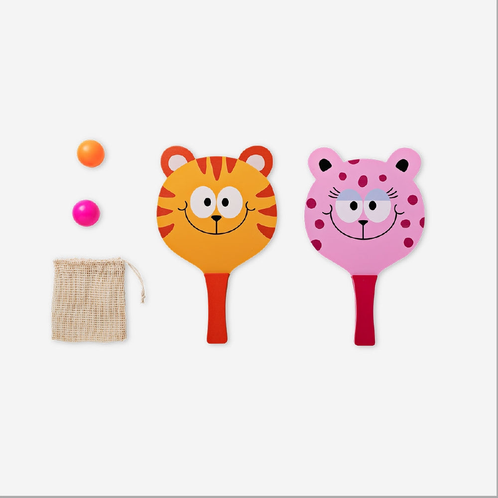 Beach tennis game set featuring playful cat character paddles and net, ideal for outdoor fun by the beach.