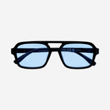 Black aviator sunglasses with blue glass
